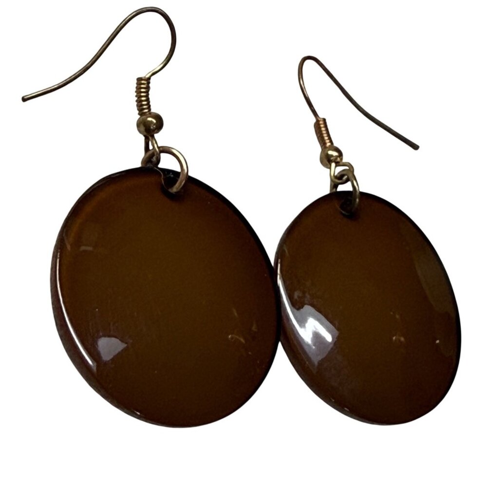 Round Brown Shade Disc Dangle Earrings Hook Closure Women Retro Classic Pierced